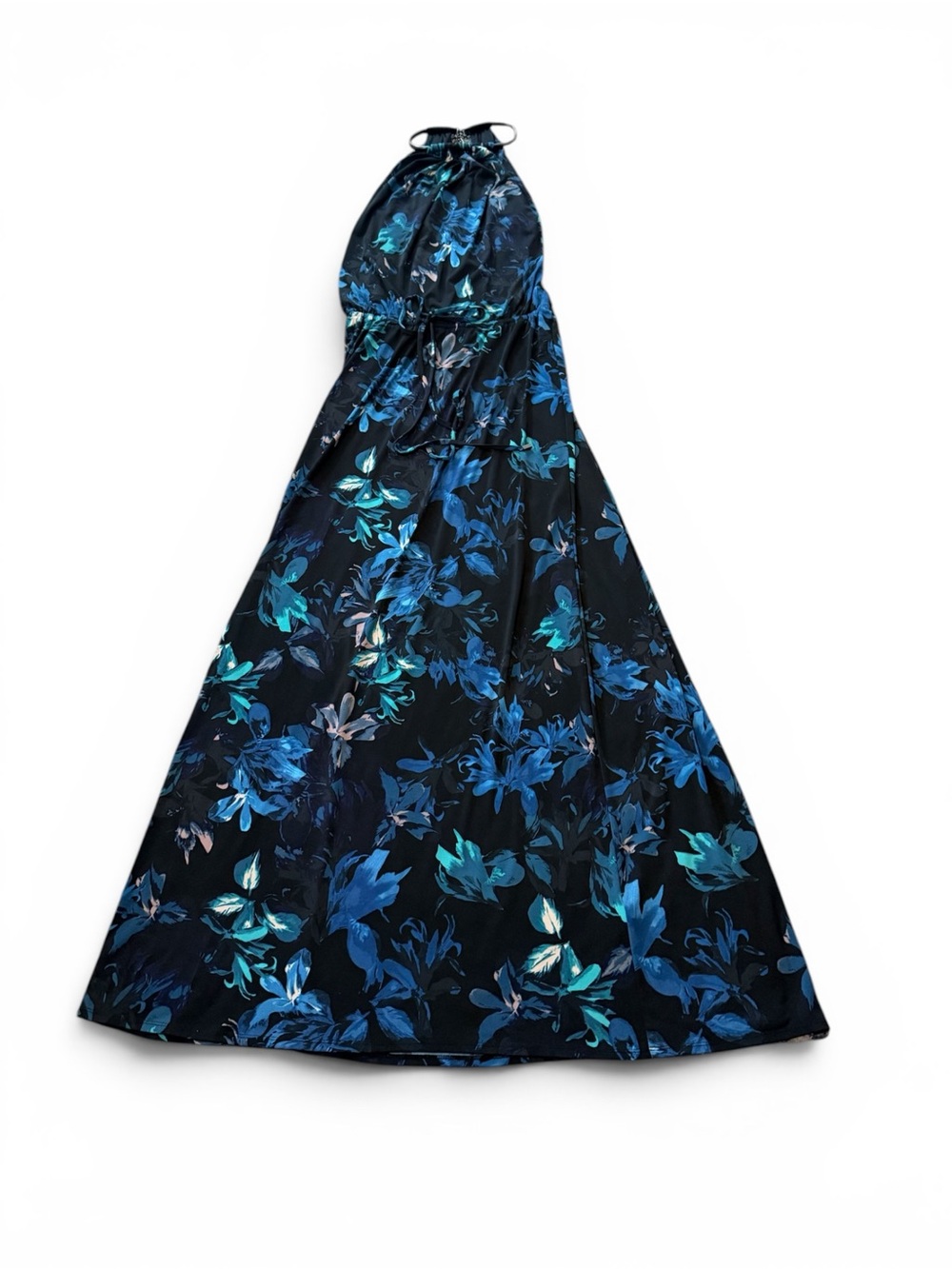 Vince Camuto Black and Teal Floral Maxi-Dress with necklace halter collar